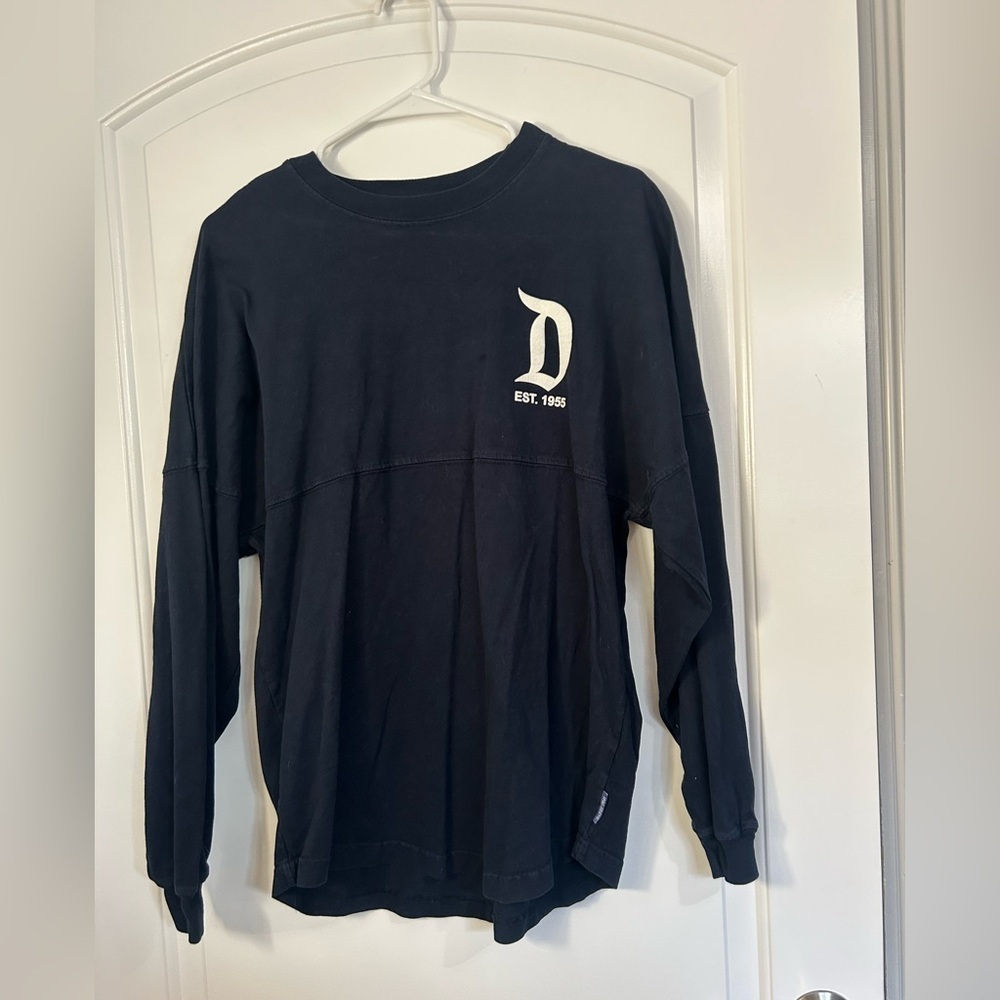 Disneyland Parks Spirit Jersey Navy Blue Knit White Lettering Pullover Sweater